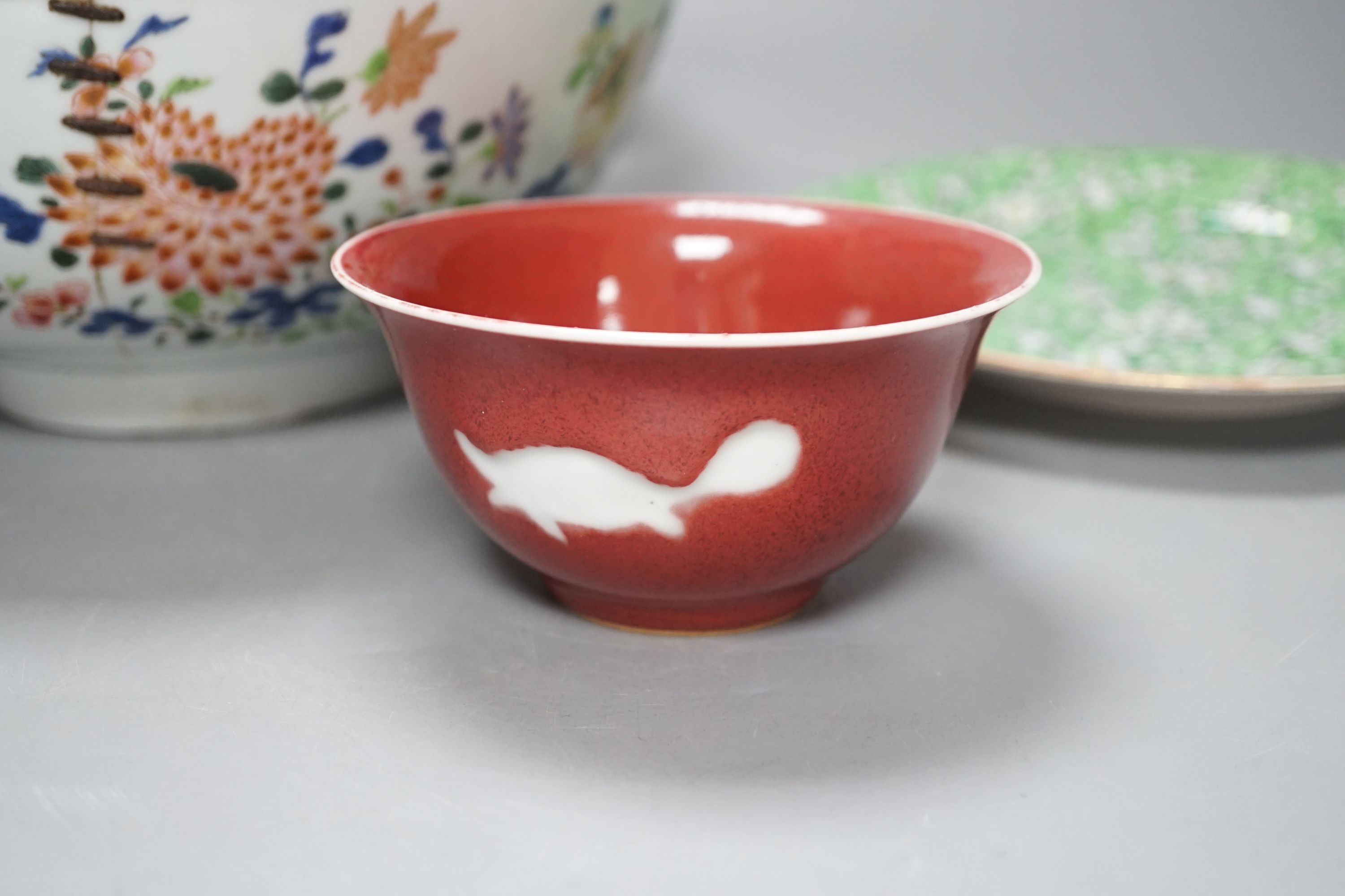 A Chinese Kangxi Imari dish, a blue and white dish, Qianlong famille rose bowl, a republic period plate and later sang de boeuf bowl